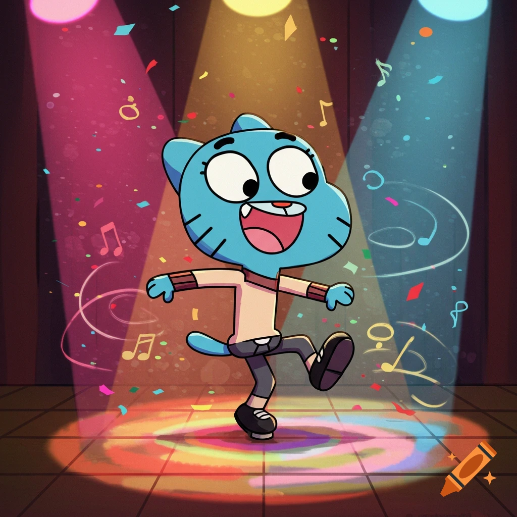 A joyful blue cartoon cat, Gumball Watterson, tap dancing under colorful spotlights with confetti and music notes.