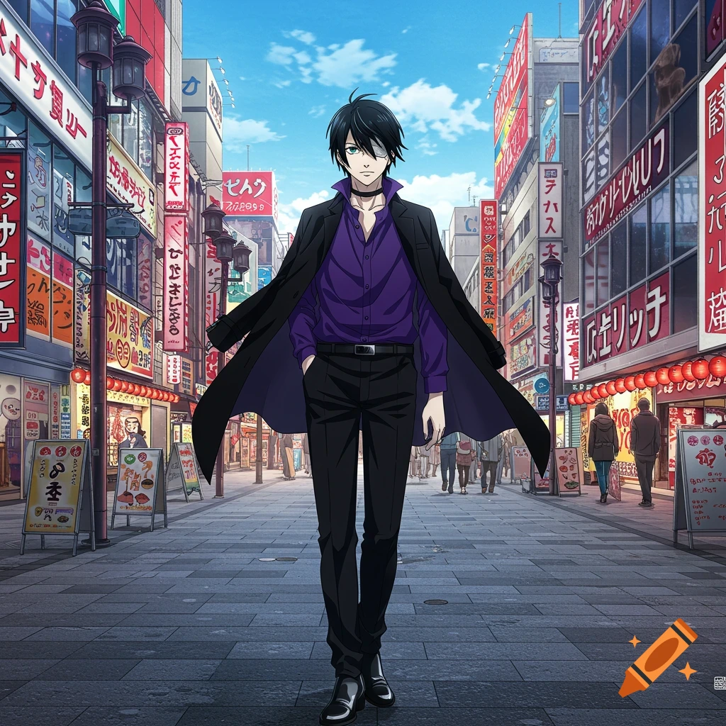 An anime-style Japanese male with black hair, an eyepatch, purple shirt, and black jacket, stands on a busy street in Kabukicho, Tokyo.