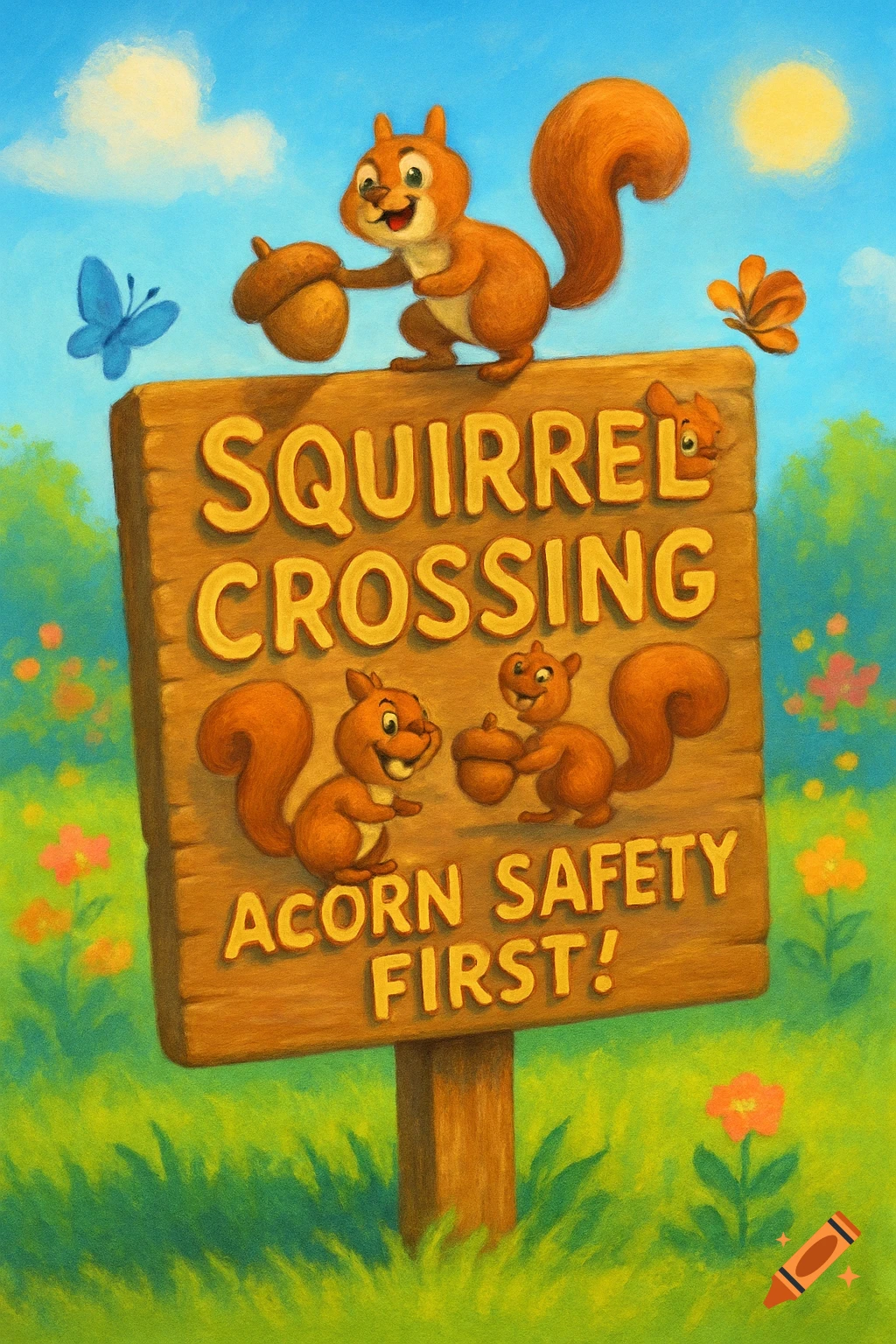 A whimsical cartoon illustration shows three happy squirrels around a wooden sign that reads 'SQUIRREL CROSSING ACORN SAFETY FIRST!'