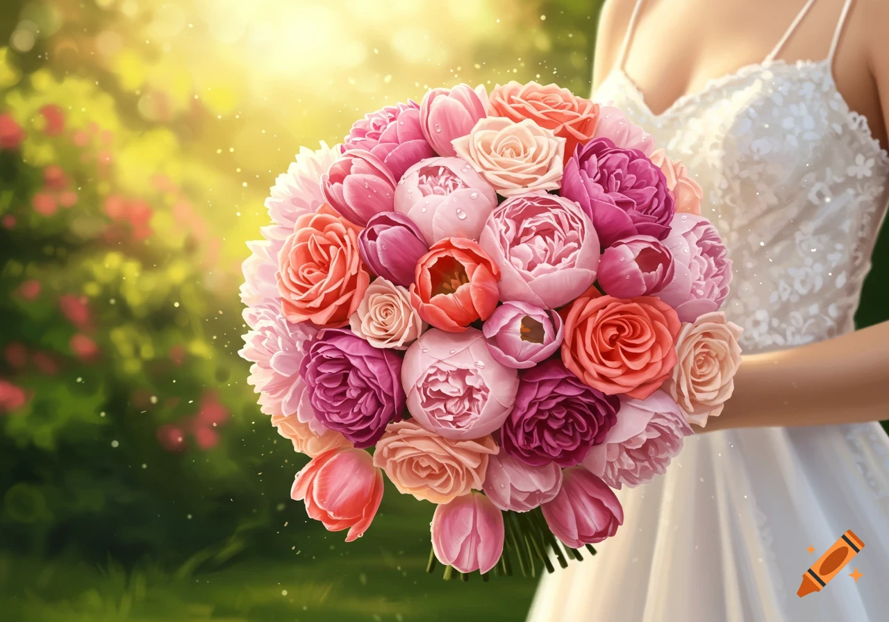 A person in a white wedding dress holds a large, vibrant bouquet of pink and coral roses, peonies, and tulips against a sunny green background.