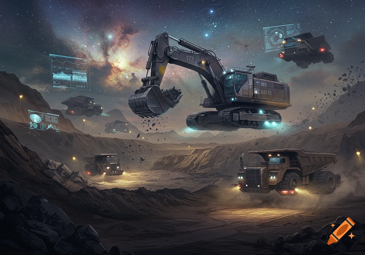 Futuristic hover excavators and trucks mine a barren planet under a star-filled galaxy sky, with holographic data displays.