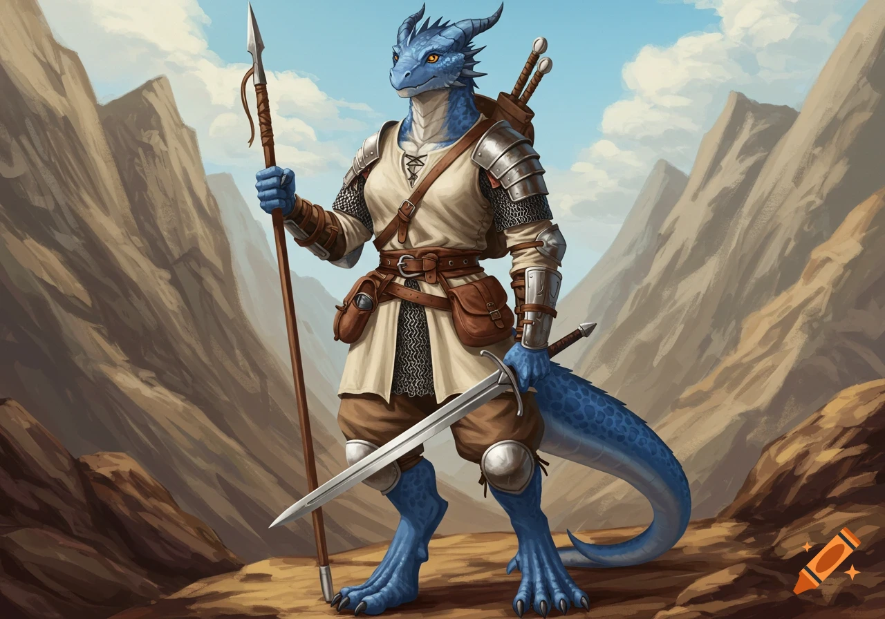 A blue dragonborn warrior in armor holds a spear and sword, standing in a detailed mountain landscape drawing.