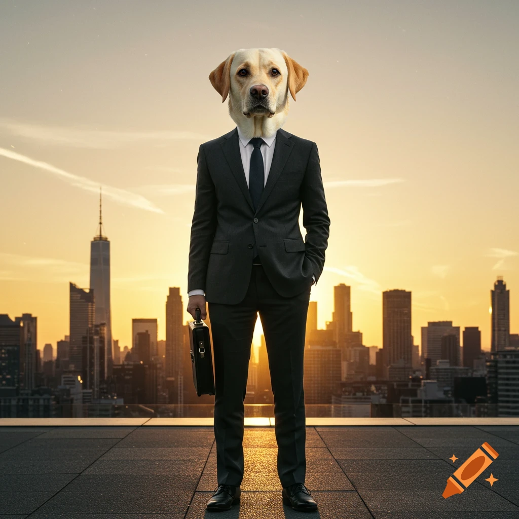 A man in a suit with a Labrador retriever head stands on a rooftop overlooking a city skyline at sunset, holding a briefcase.