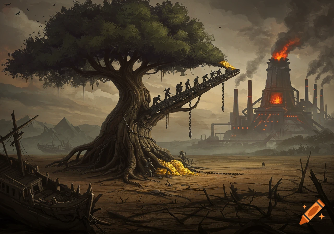 A grim, stylized painting of figures extracting gold from a chained tree, feeding a smoking industrial factory in a desolate land.