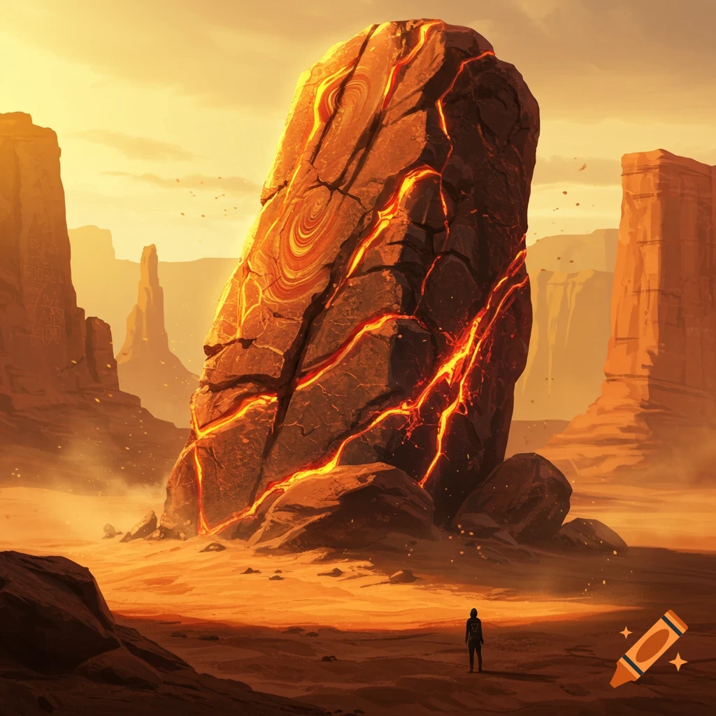 A solitary figure stands before a massive, glowing cracked rock in a desert canyon under an orange sky, surrounded by tall rock formations.