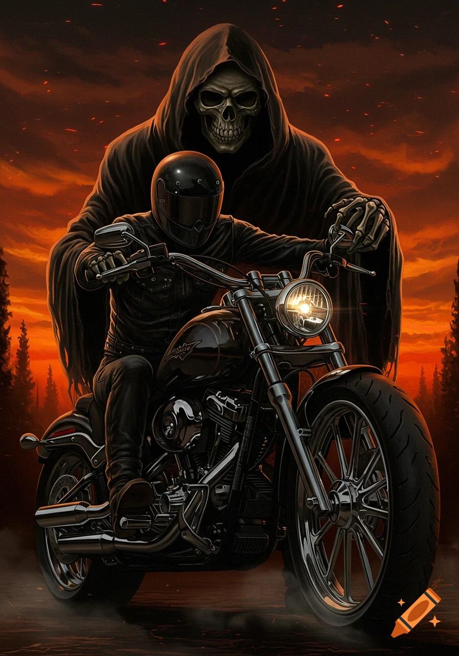 A Grim Reaper figure in a dark hooded robe stands behind a biker on a black motorcycle, against a fiery orange and red sky with silhouetted trees. Stylized tattoo art.