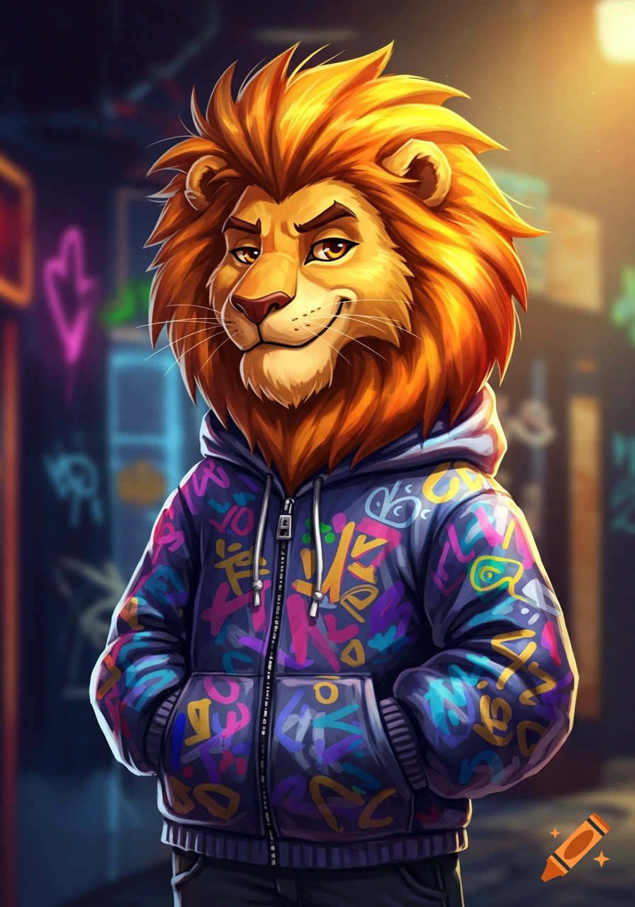 A cartoon lion with a spiky orange mane wears a purple hoodie with colorful graffiti patterns, standing in a dark street with neon lights.