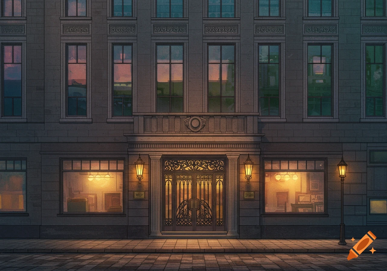 Exterior of a 1930s office building at twilight, with ornate doors, glowing lanterns, and reflections in windows.