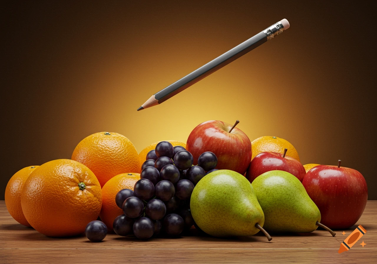 A photorealistic still life of a pile of oranges, grapes, red apples, and green pears on a wooden table, with a pencil floating above.