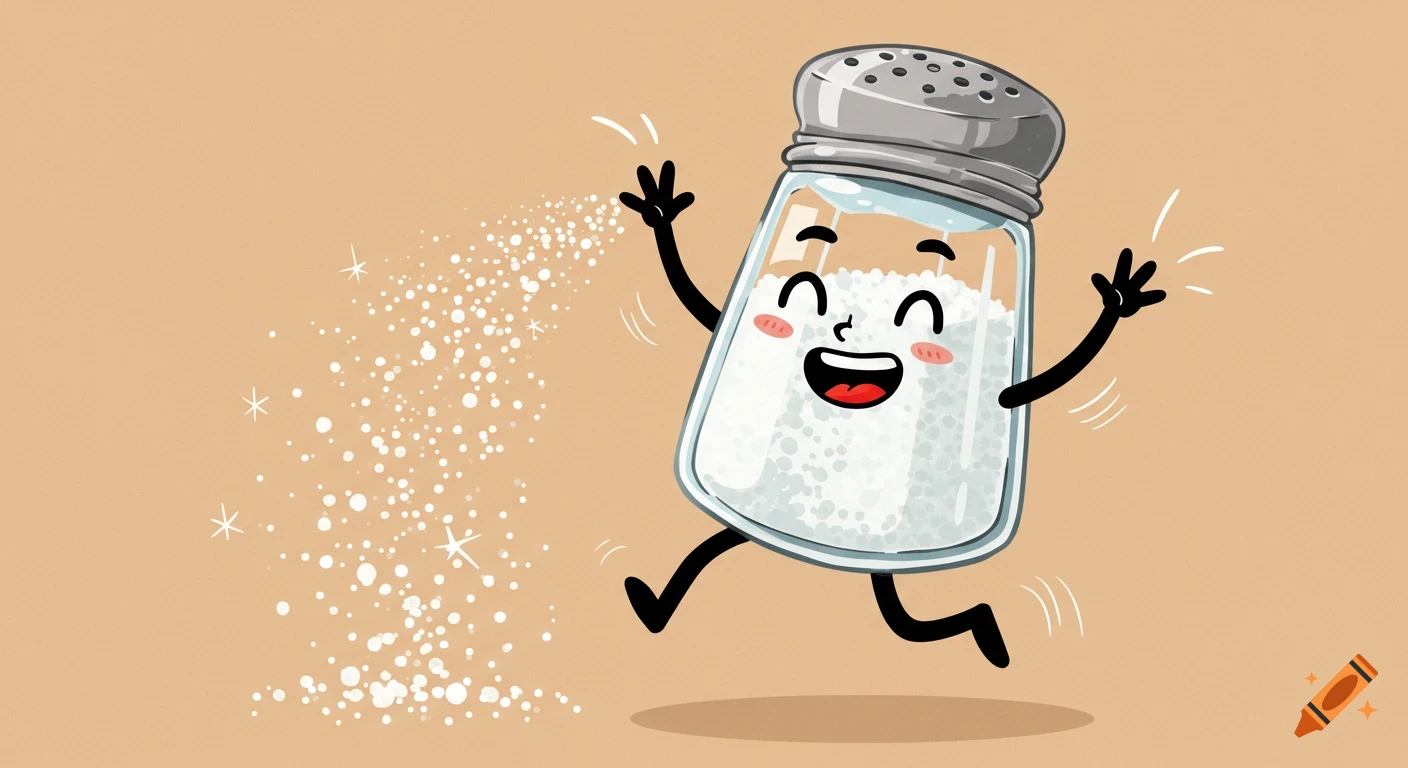 A vibrant cartoon illustration of a happy, anthropomorphic salt shaker dancing mid-air, sprinkling white salt, on a warm-toned background.