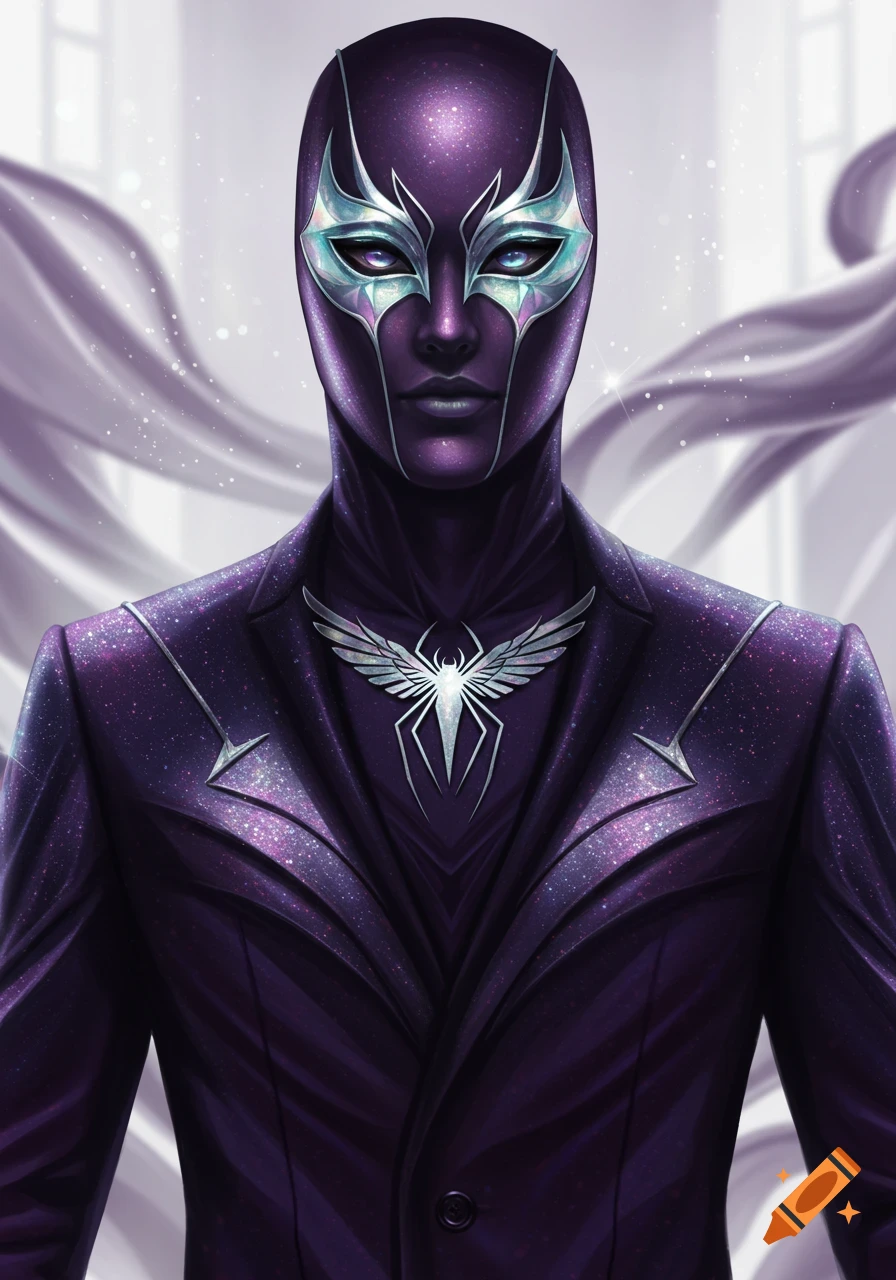 A close-up of a character in a shimmering purple suit, an iridescent mask with teardrop eyes, and a winged spider emblem on the chest.