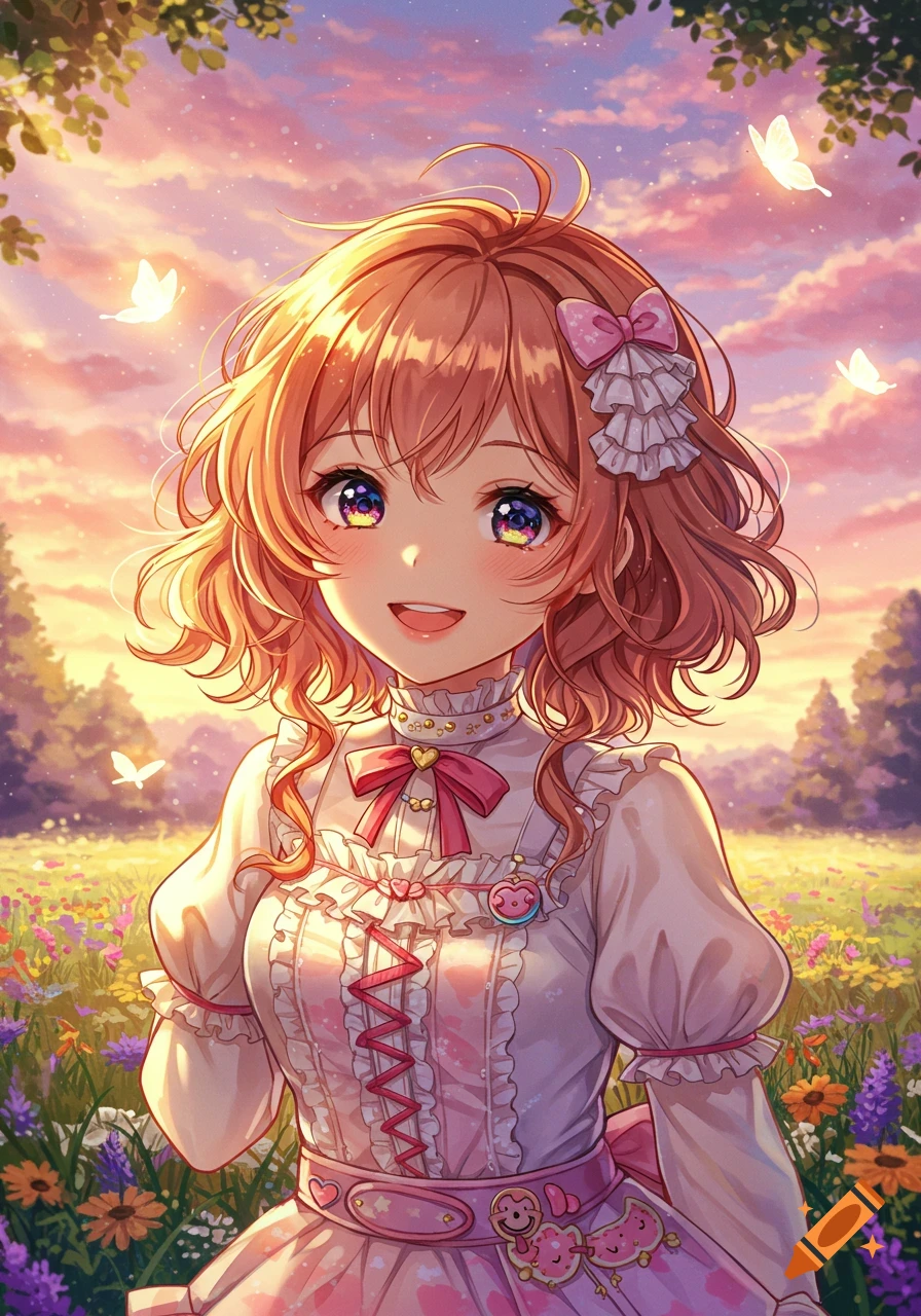 Anime girl with reddish-blond curly hair, smiling in a frilly pink dress amidst a wildflower field with butterflies at sunset.