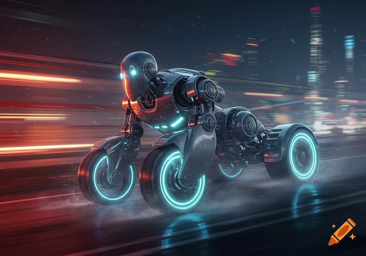 A futuristic robot with glowing blue-rimmed wheels for limbs races down a city street at night, with blurred red and blue lights in the background.