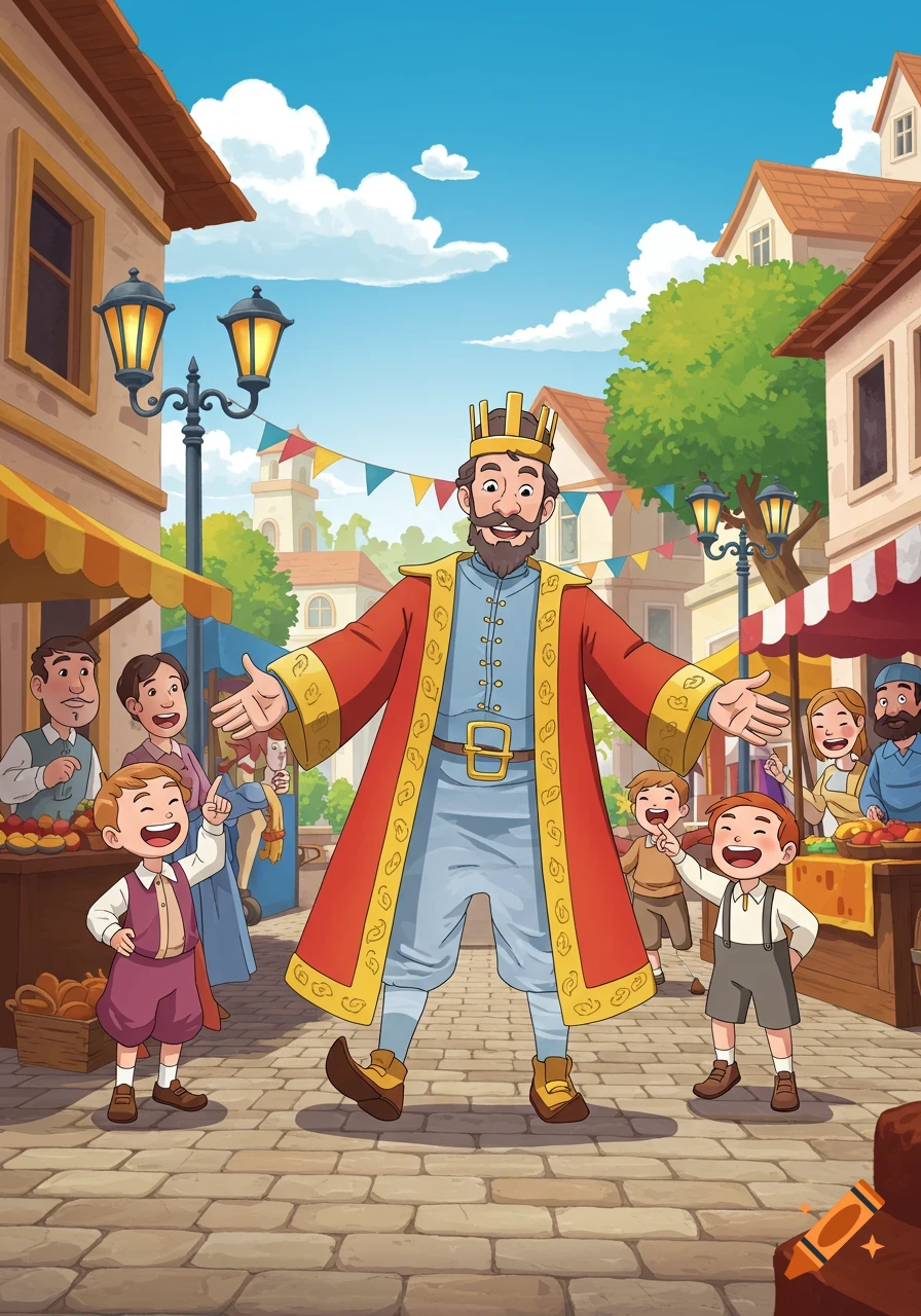A colorful 2D cartoon king in a red robe walks proudly in a bustling town square as children point and laugh.