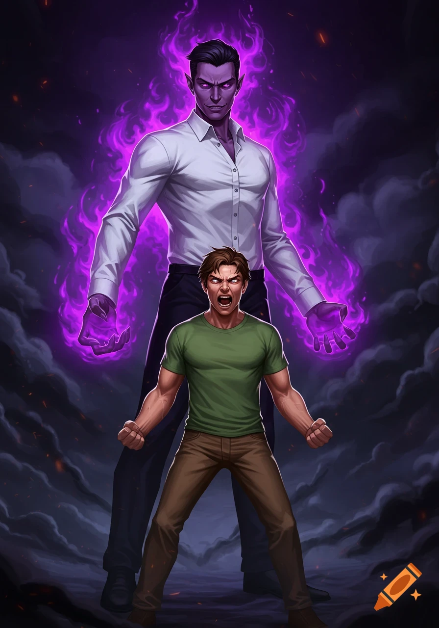 Digital illustration of an angry man with brown hair facing a tall, smirking purple-skinned man with glowing purple energy.