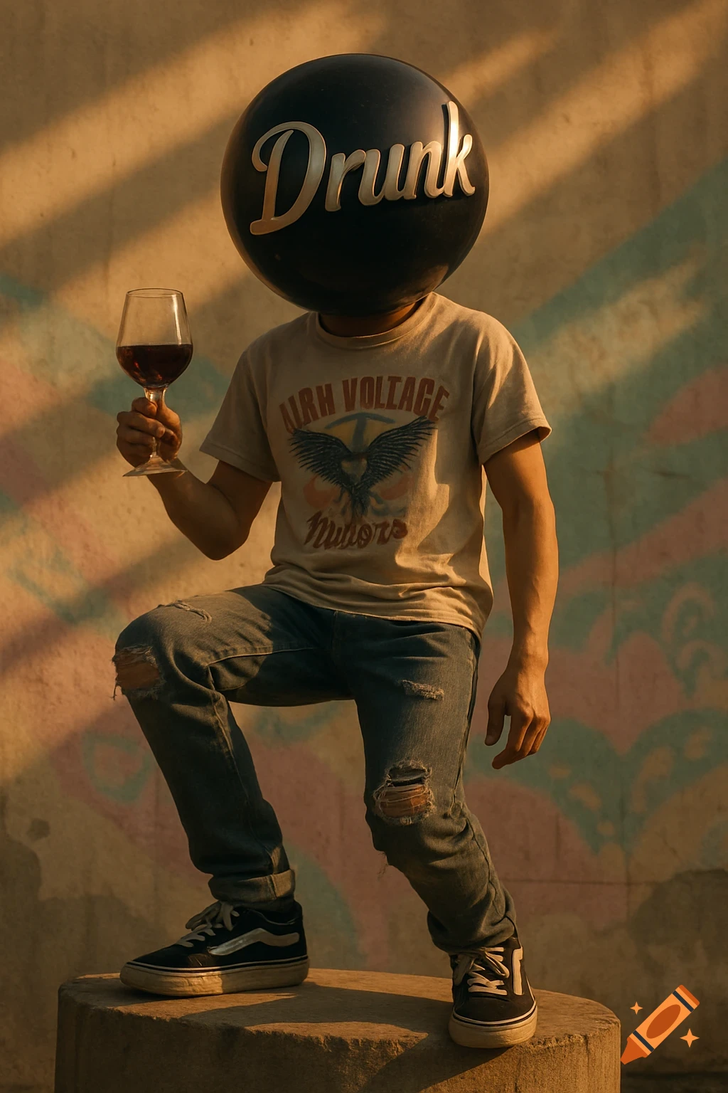 Photorealistic image of a person with a black ball head saying "Drunk", holding wine, standing on a concrete block.