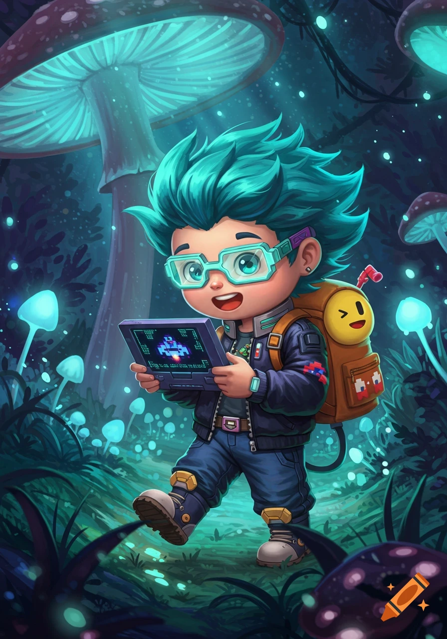 Cute anime-style gamer boy with teal hair and glasses playing a handheld console in a glowing fantasy mushroom forest, wearing a Pac-Man backpack.