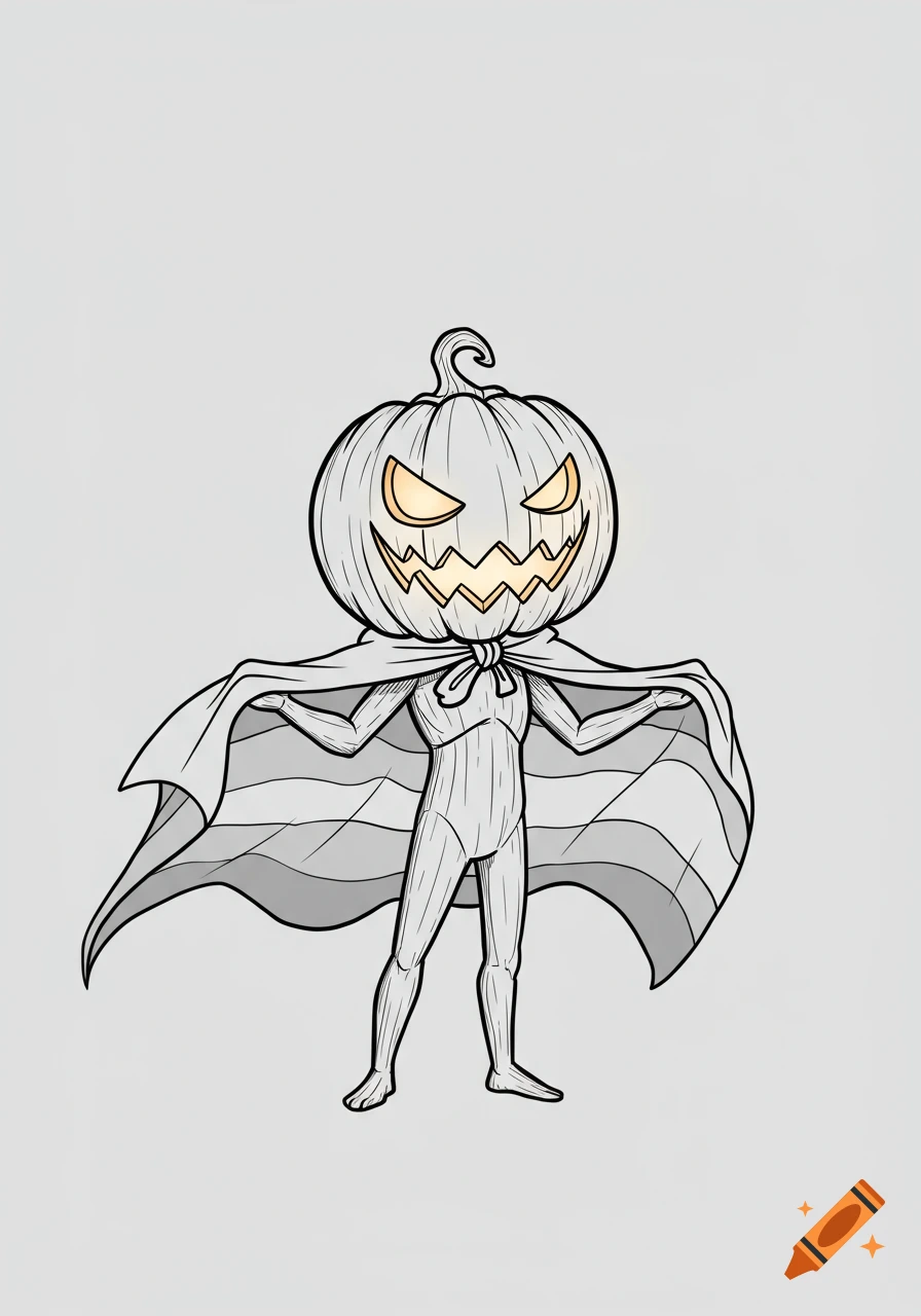 Line art illustration of a jack-o'-lantern character with glowing eyes, wearing a striped cape.