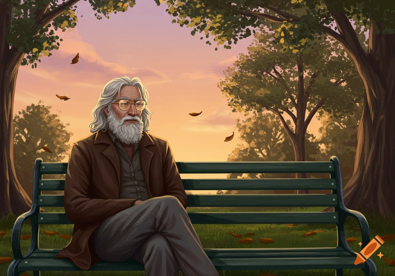 Digital illustration of an old man with a grey beard and glasses sitting on a park bench at sunset among falling leaves.