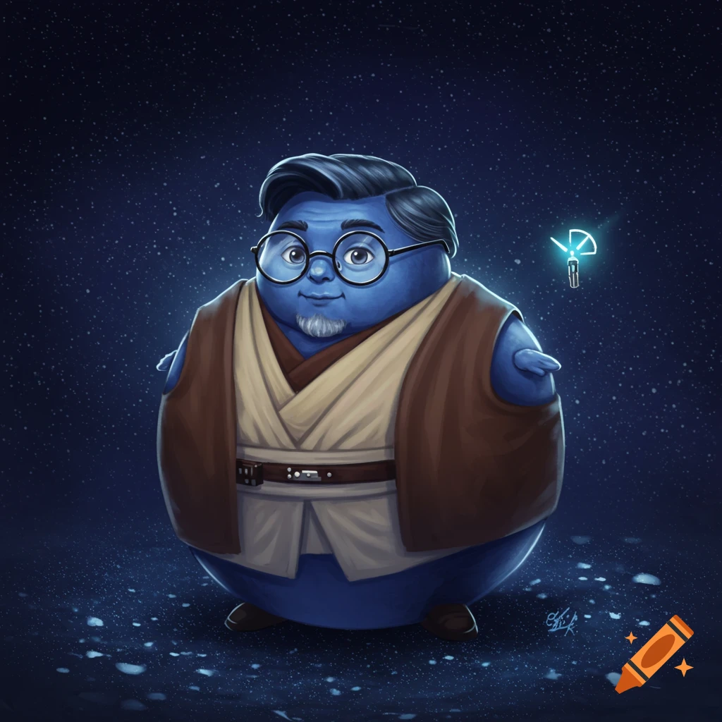 A cute, plump, blue male character with glasses and a goatee wears a Jedi robe against a starry background, with a tiny glowing lightsaber.