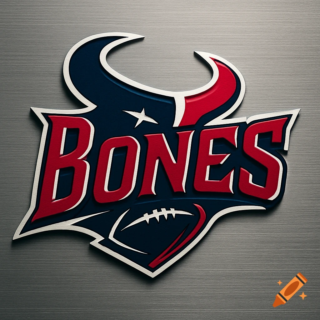 A stylized sports logo resembling the Houston Texans, featuring bull horns, a star, a football, and the bold text "BONES" in red and blue on a metallic background.