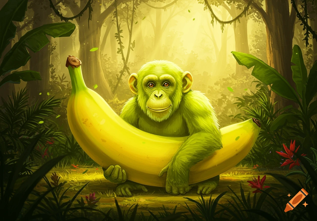 A stylized green chimpanzee sits in a lush, sunlit jungle, holding a giant yellow banana.