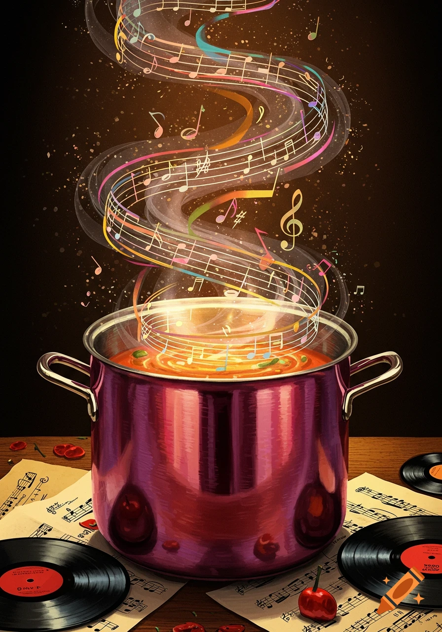 A shiny purple pot simmers with a golden liquid, emitting colorful musical notes and staffs like steam. Vinyl records and sheet music rest on a wooden table around the pot.
