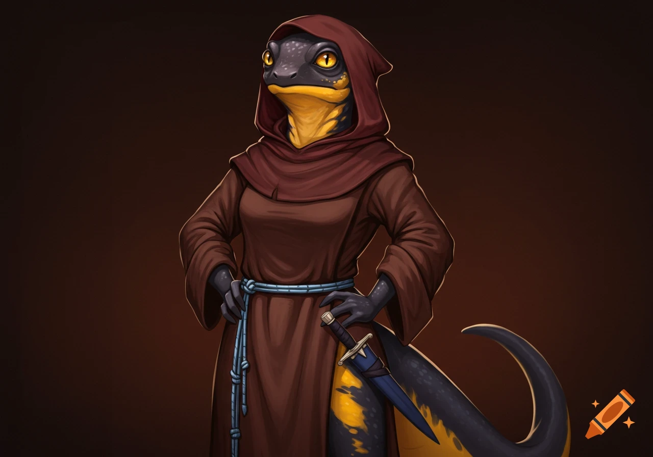 An anthropomorphic salamander woman with black and yellow skin wears a brown monk's robe, maroon cowl, and blue belt, posing with a dagger.