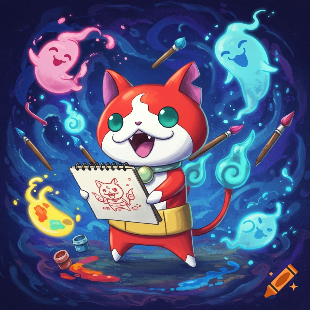 Jibanyan, a red and white cartoon cat, drawing itself in a sketchbook, surrounded by floating paintbrushes and whimsical pink and blue ghost spirits.