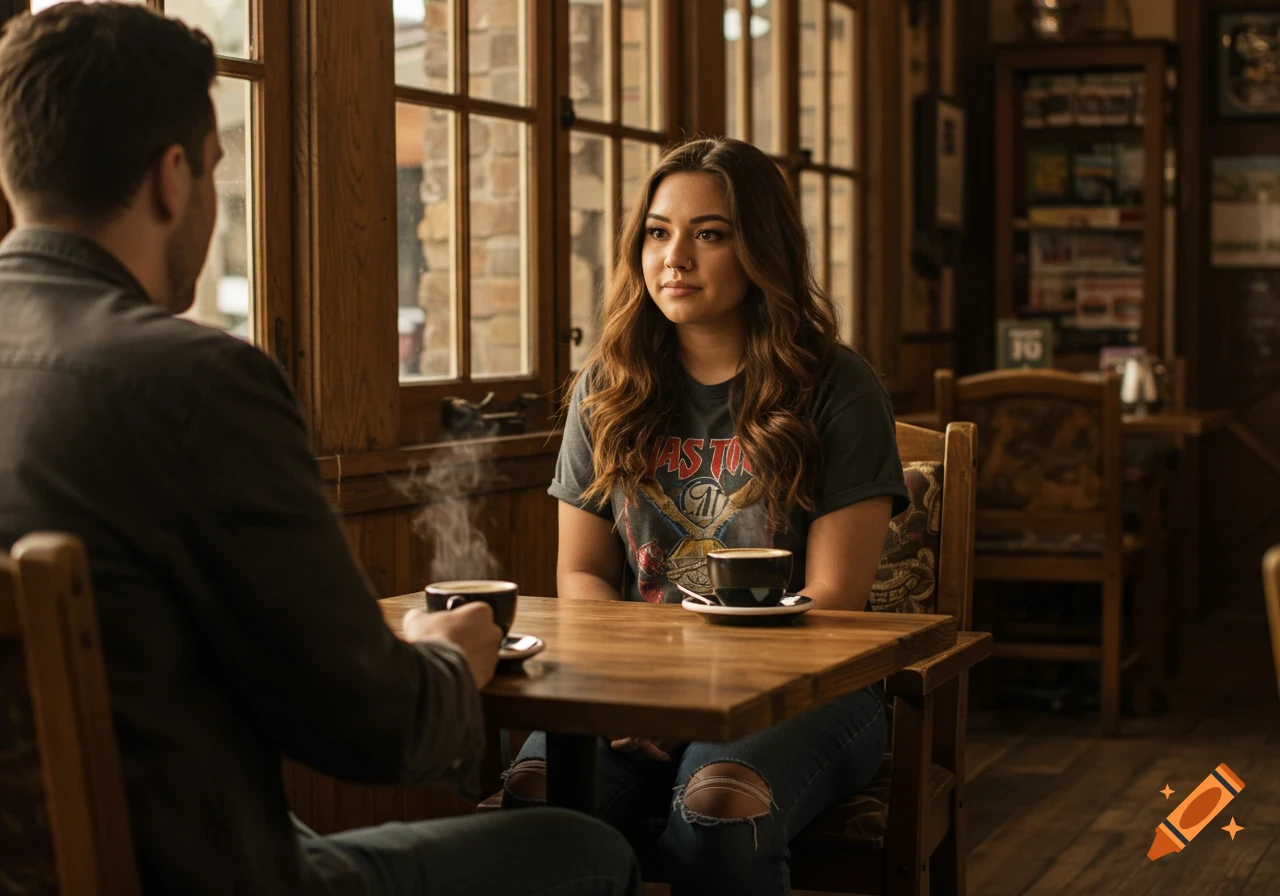 A woman with a nose piercing and a rock band t-shirt sits across from a man at a cafe table with coffee, steam rising.