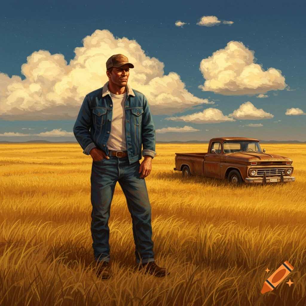 Man in denim jacket and jeans stands in a golden field with an old pickup truck under a blue sky, illustrative style.