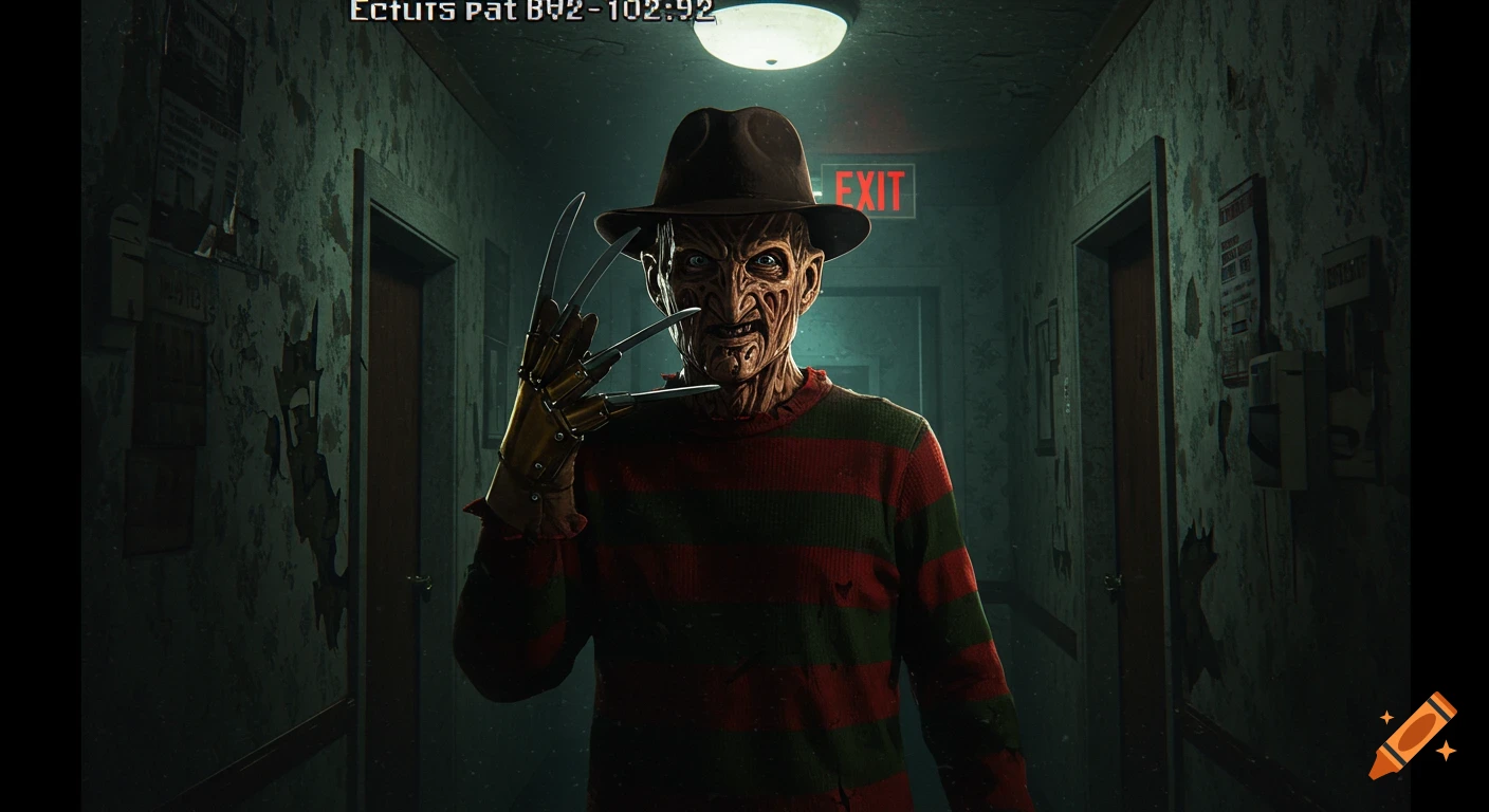 Freddy Krueger in a dark, ominous hallway, captured in a security camera style.