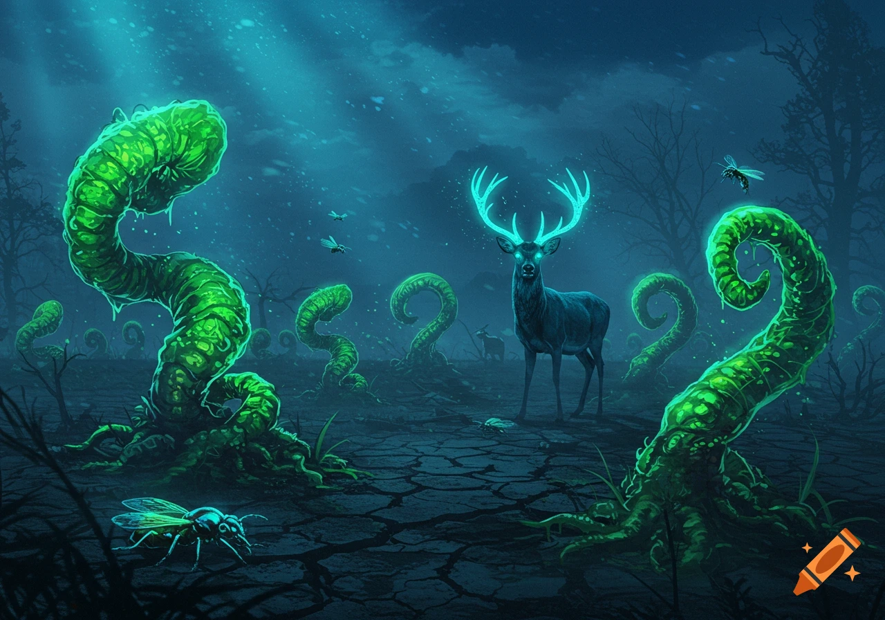 A glowing deer stands among bioluminescent worm-like plants and insects in a dark, cracked post-apocalyptic landscape.