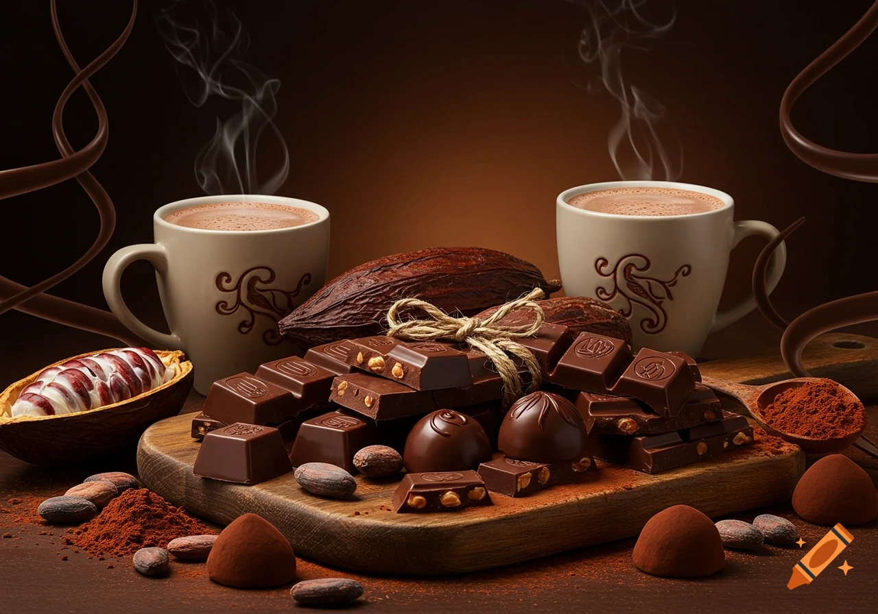 A rich still life with chocolate bars, truffles, cocoa pods, beans, powder, and two steaming mugs of hot chocolate on a wooden board.