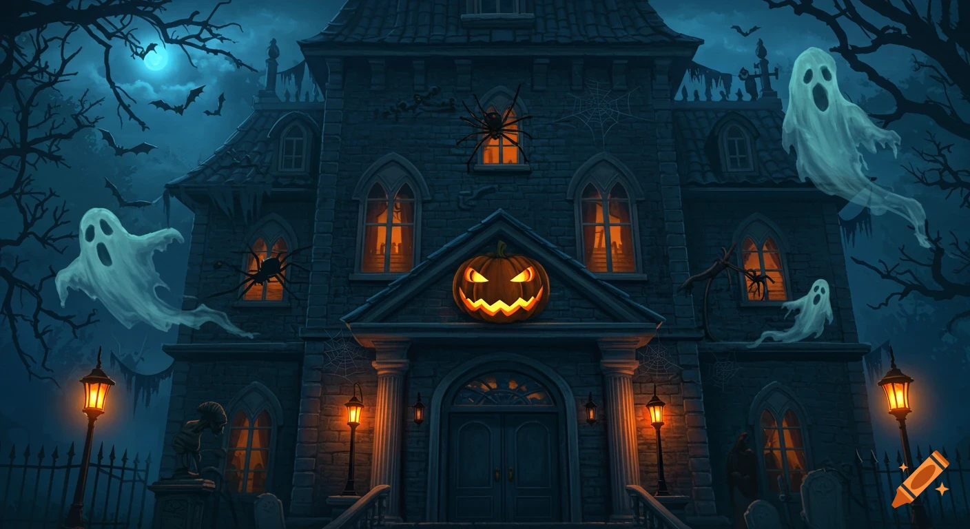 An illustrative, animated haunted mansion facade at night with a glowing jack-o'-lantern, floating ghosts, bats, and spiders.