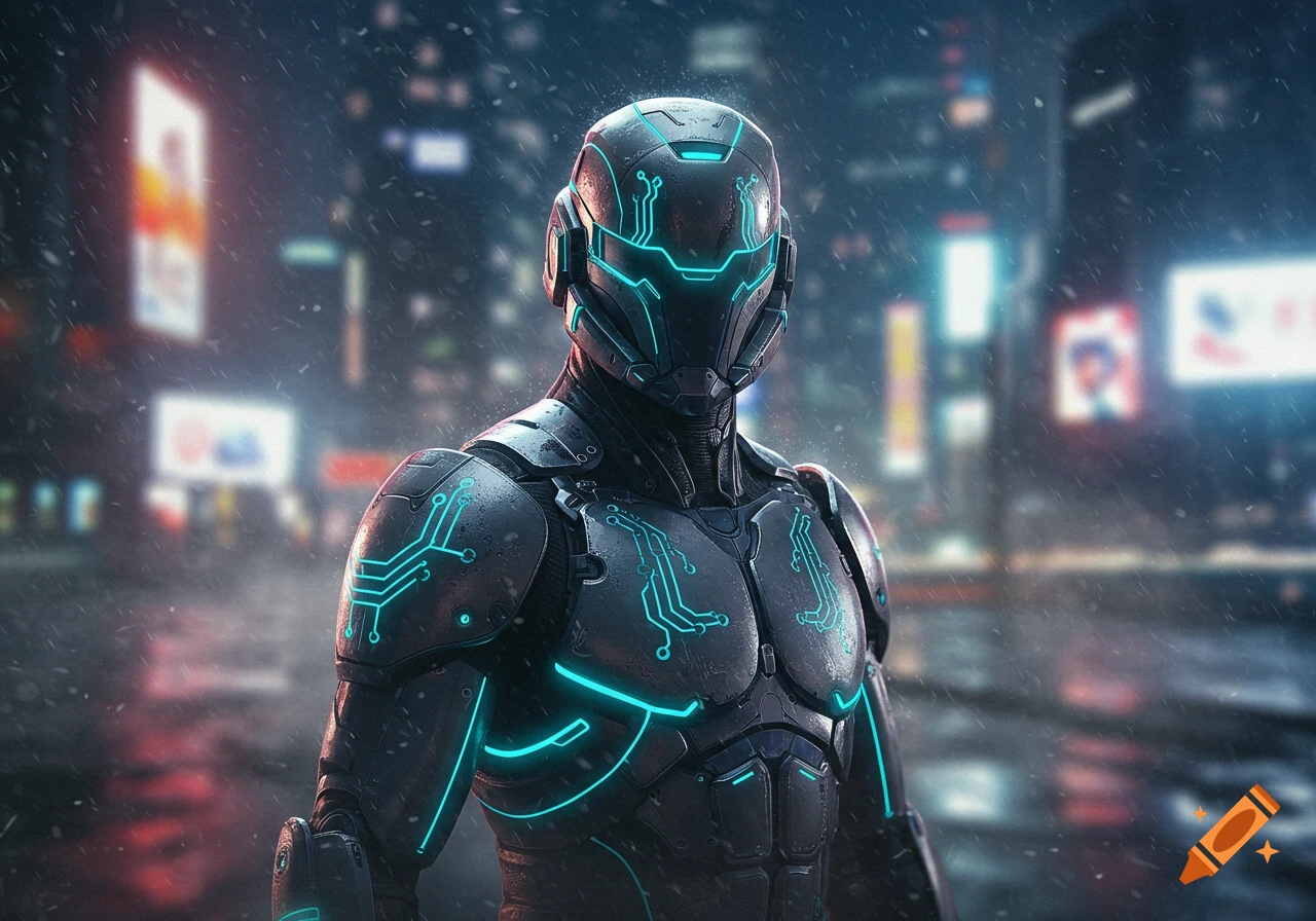 A person in futuristic black and teal glowing powered armor stands in a rainy, neon-lit cyberpunk city at night.