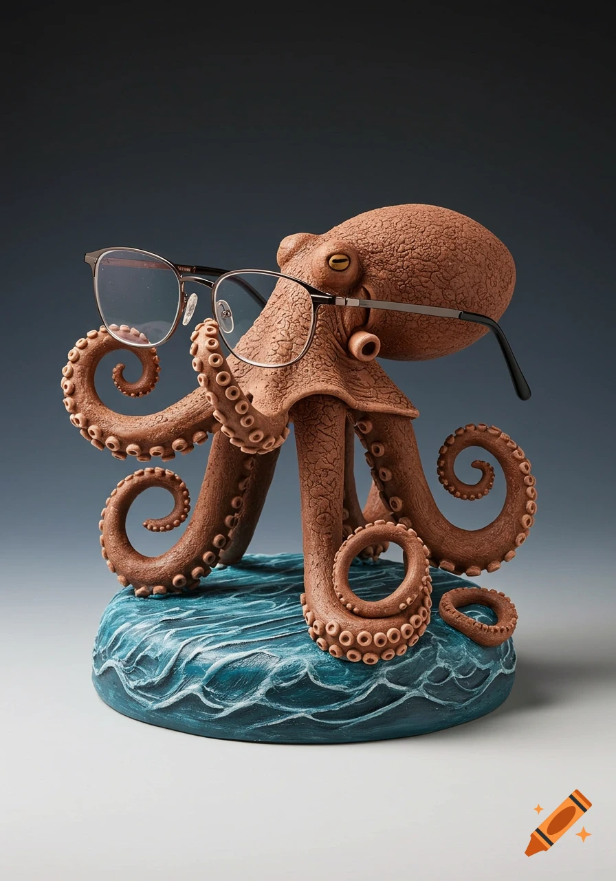 A lifelike brown clay octopus sculpture stands on a blue wave base, holding a pair of silver-framed eyeglasses on its head.