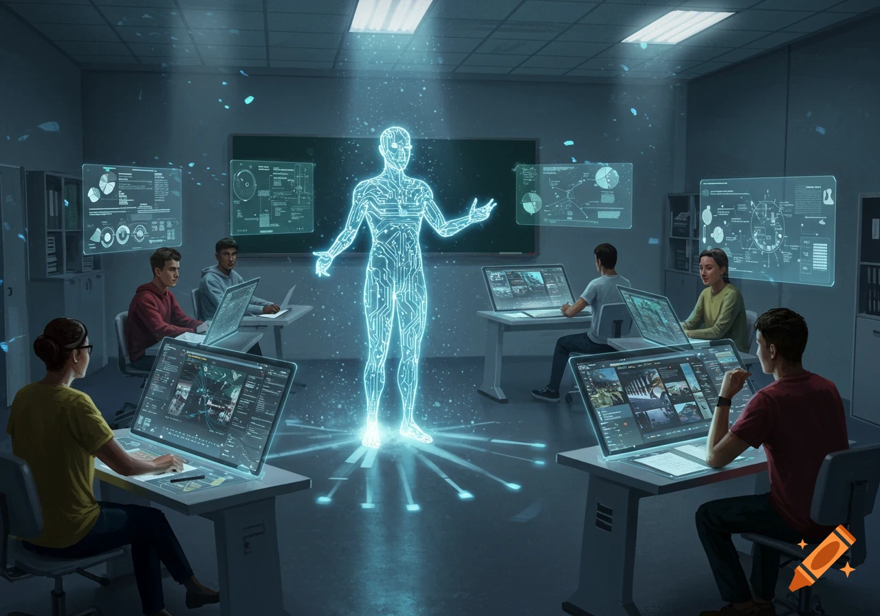 Students in a futuristic classroom observe a glowing, circuit-patterned AI figure surrounded by holographic data screens.
