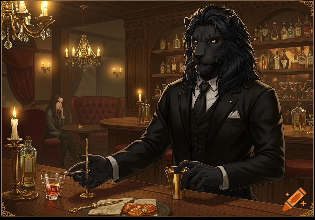 A dapper black lion man in a suit and tie serves as a bartender in a richly decorated, dimly lit fantasy bar.