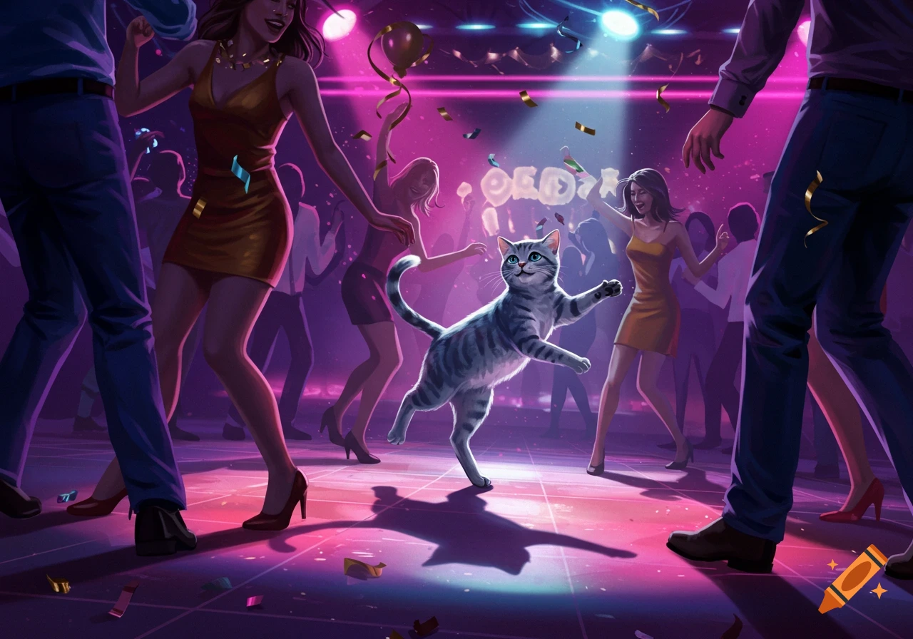 A gray tabby cat dances among people at a vibrant, neon-lit party with falling confetti, in a digital art style.