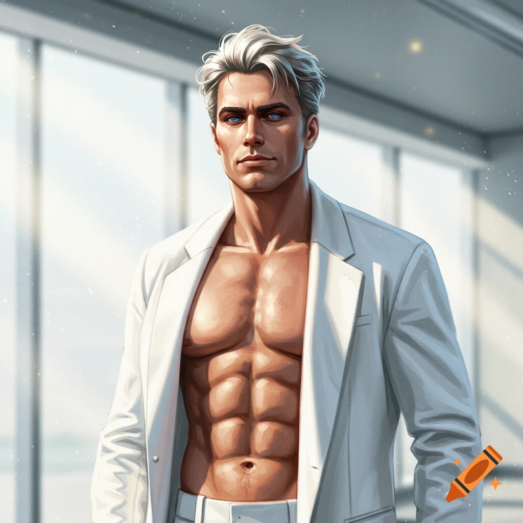 A stylized, muscular man with white hair and piercing blue eyes, wearing an open white suit jacket, against a bright windowed background.