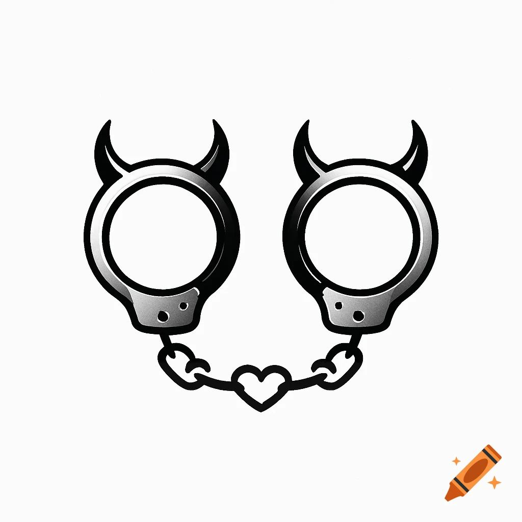 Two stylized handcuffs with devil horns, connected by a heart-shaped chain, on a white background.