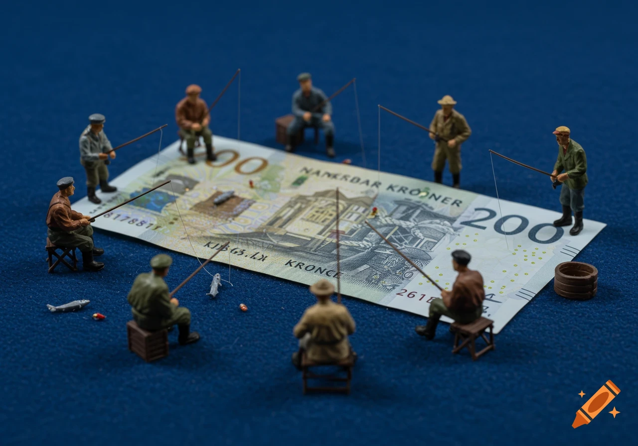 Miniature figures fish from a 200 Norwegian Krone banknote on a blue surface, photorealistic.