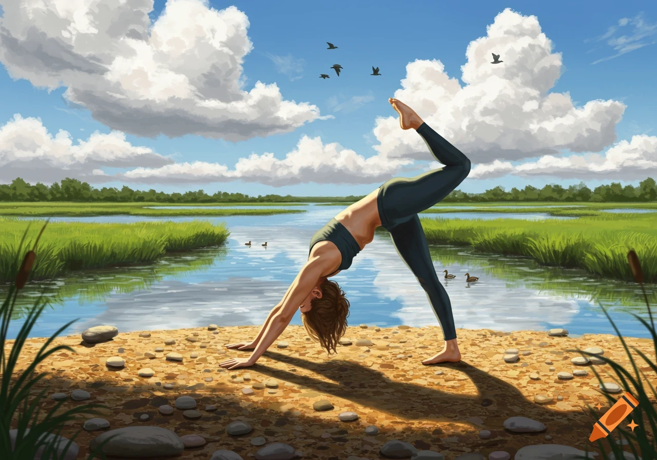 Illustrated woman doing three-legged downward dog yoga on a sandy bank next to a marsh, under a blue sky with clouds.