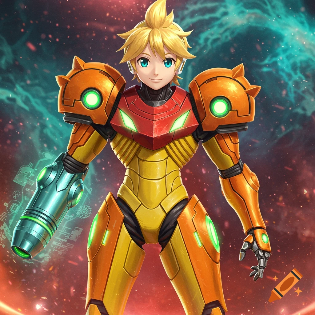 Anime-style Kagamine Len in a golden and red Samus Varia Suit, arm cannon ready, against a cosmic background.