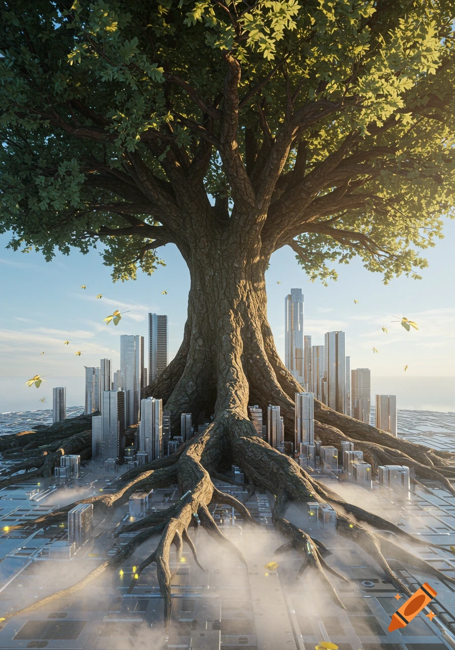 A massive tree with sprawling roots growing over a futuristic cityscape shrouded in mist.