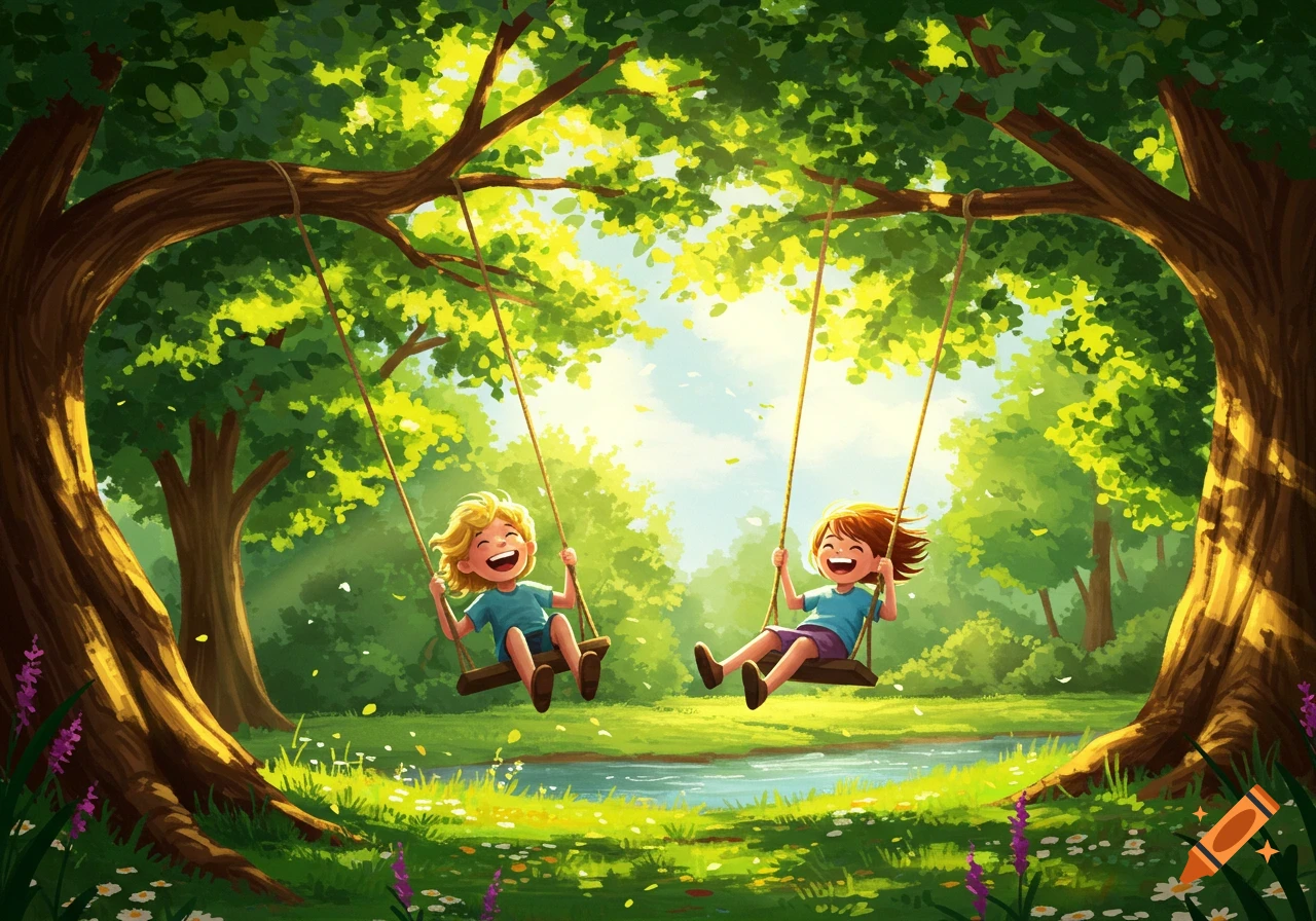 Two smiling children swing under large green trees in a vibrant, illustrated forest with a stream and wildflowers.