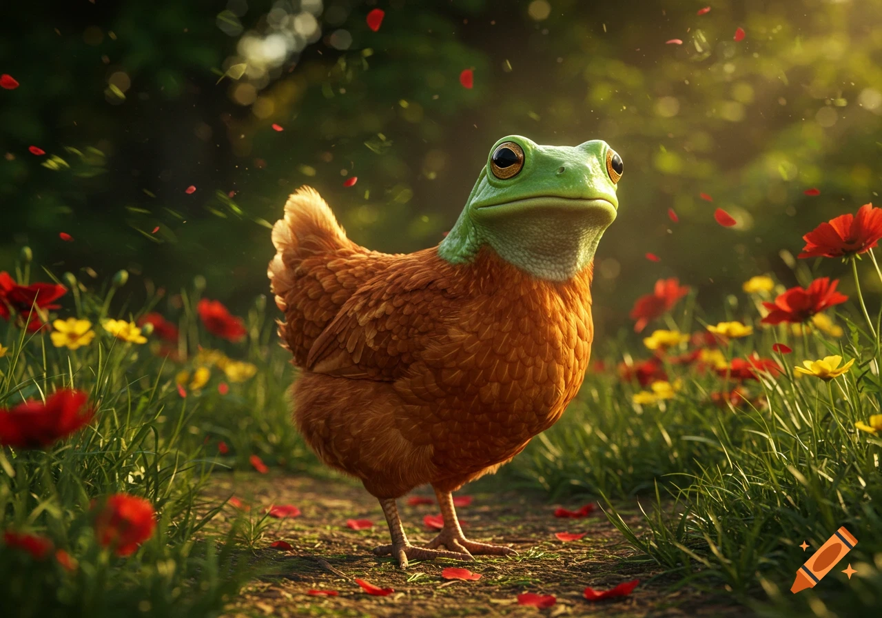 A photorealistic frog-headed chicken stands on a path amidst red and yellow flowers and falling petals in a sunny garden.