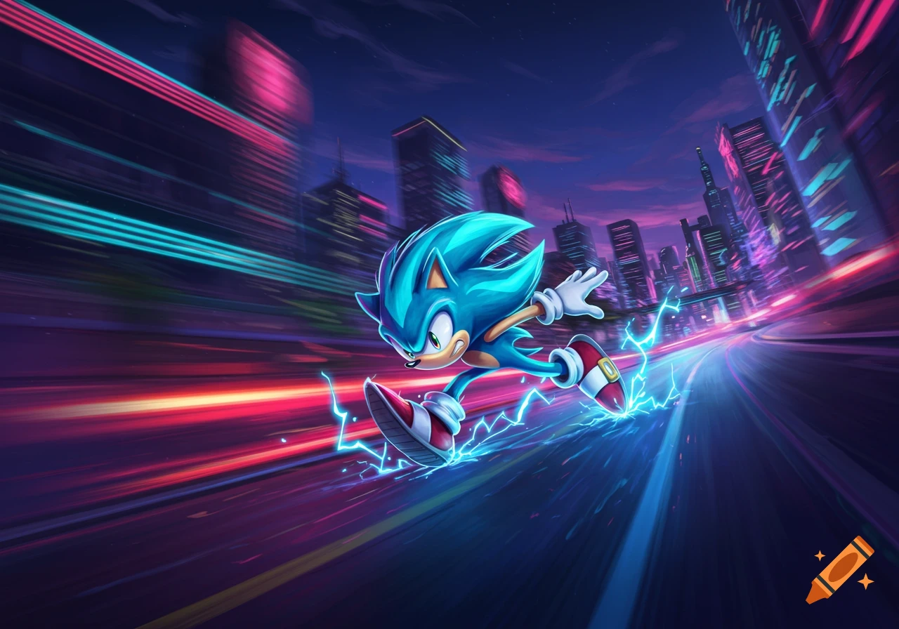 A blue hedgehog-like character, resembling Sonic, speeds through a neon-lit futuristic city at night, with electric sparks around its feet. Cartoon style.