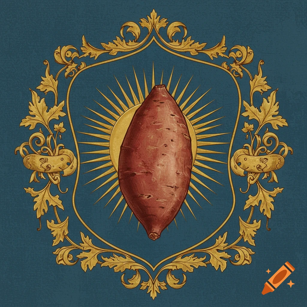 An illustrated sweet potato in a medieval coat of arms with a shining sun and ornate golden frame on a blue background.